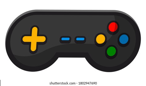 Gamepad controlador de videojuegos ilustración vectorial plana, joystick negro con botones multicolores, manipulador de juegos remoto aislado en fondo blanco. Dispositivo moderno para la interacción jugador-consola