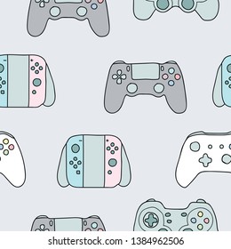 Gamepad video game controller seamless vector hand-drawn pattern illustration on grey background