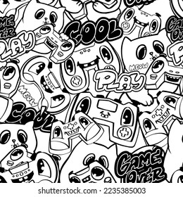 Gamepad, video game controller, seamless black and white vector pattern with kitty