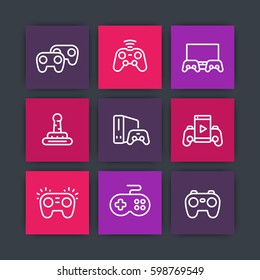 gamepads icons, game controllers, console, video gaming vector linear pictograms set