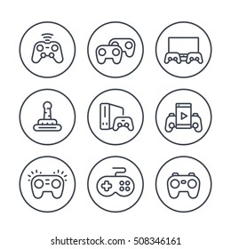 gamepads line icons in circles over white, wireless game controller, console, video gaming, joystick