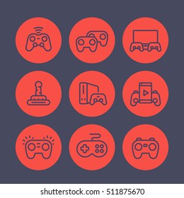 gamepads line icons set, game controllers, console, video gaming, cyber sport