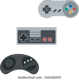Gamepads for playing video games, a set of three gamepads, 2D image of gamepads.