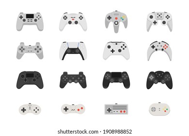 Gamepads for playing video games. A set of controllers of different generations. Collection of vector icons illustrations isolated on white background 