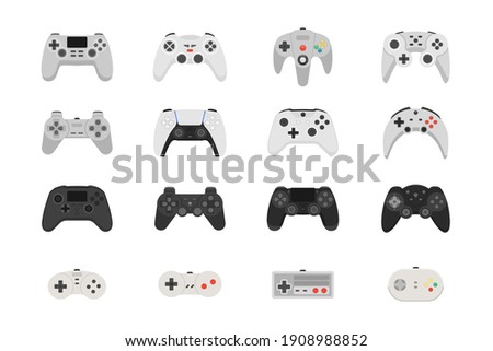 Gamepads for playing video games. A set of controllers of different generations. Collection of vector icons illustrations isolated on white background 