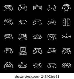 Gamepads, white line icons. Video game controllers and joypads. gaming and entertainment themes. Symbols on black background. Editable stroke.