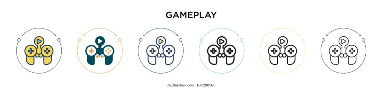 Gameplay icon in filled, thin line, outline and stroke style. Vector illustration of two colored and black gameplay vector icons designs can be used for mobile, ui, web