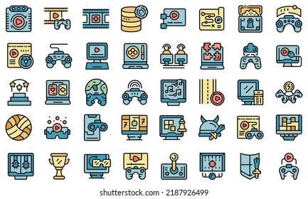 Gameplay icons set outline vector. Internet app. Computer competition