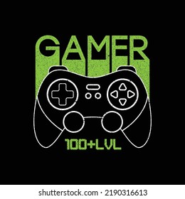 Gamer, 100+LVL. Awesome vintage style video gaming typography design with black controller for t-shirt print and other Merchandise uses. green colored game-pad illustration