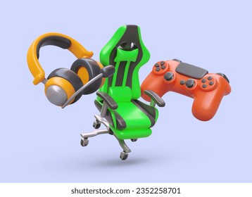 Gamer accessories. Ergonomic chair, headphones with microphone, gamepad. Entertainment and comfort. Floating colored vector objects. Poster with 3D illustration