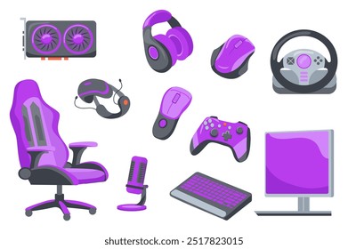 Gamer accessories set elements in flat graphic design. Bundle objects of armchair, microphone, vr headset, headphones, computer monitor, keyboard, mouse, joystick, gaming wheel. Vector illustration.