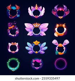 Gamer avatar frames. Fantasy game ui round borders, animal character avatars circle neon frame unicorn fox devil, gaming stream user gui element cartoon swanky vector illustration original artwork