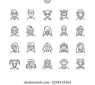 Gamer-Avatare. Unterschiedliche Zeichen. Hero, Viking, Elf, Cyborg, Ritter, Zauberer, Skelett, Samurai. Pixel Perfect Vector Thin Line Icons. Einfaches Minimal-Piktogramm