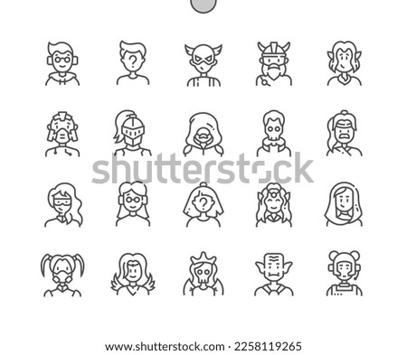 Gamer avatars. Different characters. Hero, viking, elf, cyborg, knight, magician, skeleton, samurai. Pixel Perfect Vector Thin Line Icons. Simple Minimal Pictogram