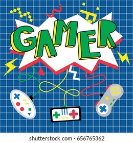 Gamer background. Cute card with colorful retro game controllers.