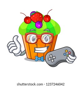Gamer black currant cupcake isolated on mascot