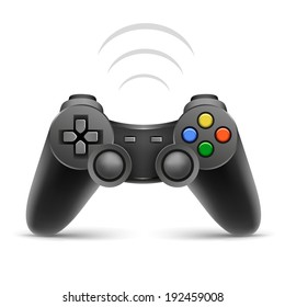 The gamer black joypad with wireless signal on the white background