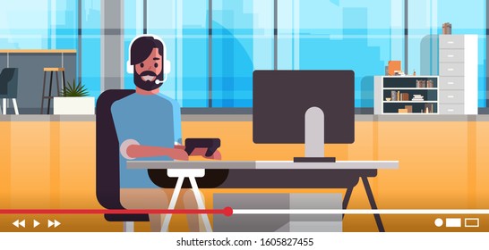 gamer blogger in headphones streaming live online video gaming blogging concept vlogger commentating game process portrait horizontal vector illustration