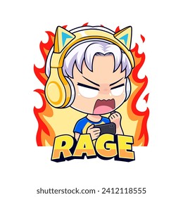 Gamer boy angry emotion cartoon character mascot logo vector