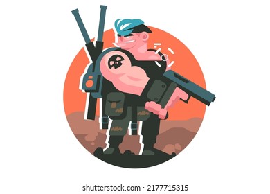 Gamer boy character with weapons vector illustration. Player with gun, shooting in aim flat style. Online games, addiction concept
