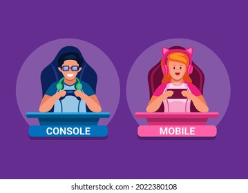 Gamer boy and girl character set. console and mobile gaming symbol illustration vector