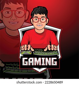 Gamer boy mascot with keyboard and mouse sport illustration design for logo esport gaming