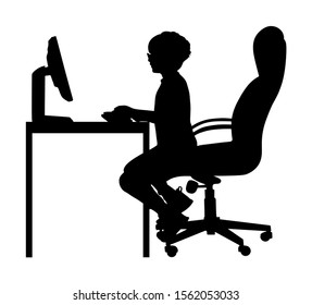 Gamer boy play video game on computer vector silhouette illustration isolated. Virtual player sitting and watching computer. School kid addict. Child learning at home internet. Smart boy cyber sport.