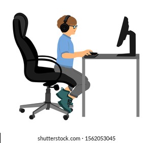 Gamer boy play video game on computer vector isolated on white background. Virtual player sitting and watching computer. School kid addict. Child learning at home internet. Smart boy love cyber sport.