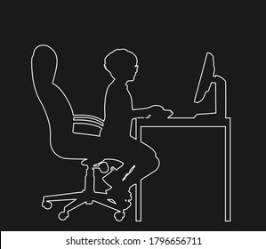 Gamer boy play video game on computer vector line contour silhouette on black. Virtual player sitting and watching computer. School kid addict. Child learning at home online internet. Boy cyber sport