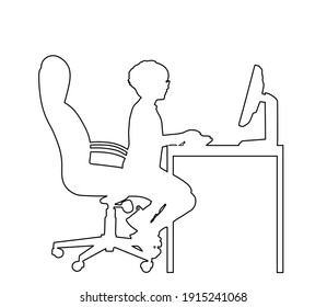 Gamer boy play video game on computer vector line contour silhouette isolated. Virtual player sitting and watching computer. School kid addict. Child learning at home online internet. Boy cyber sport