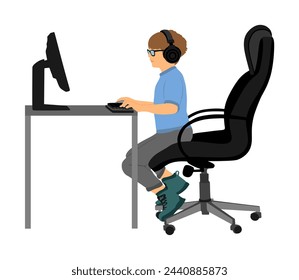 Gamer boy play video game on computer vector illustration isolated. Virtual player sitting and watching computer. School kid addict. Child learning home internet. Smart boy cyber sport entertainment.