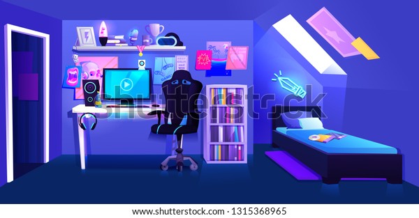 Gamer Boy Room On Attic Interior Stock Vector (Royalty Free) 1315368965