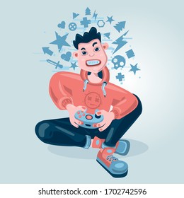 Gamer boy. Video game background. Kid holding a console game pad. Cartoon vector character.