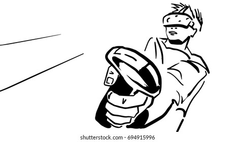El jugador, el chico con Auriculares de Realidad Virtual está jugando videojuego, vector blanco y negro 
 dibujo de línea, dibujo simple