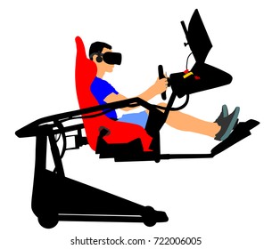 Gamer boy wearing virtual reality goggles playing console vector. Passionate gamer with controller. Digital headphones and 3d glasses vector. Modern cyber simulation, television online fun.