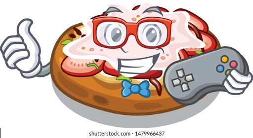 Gamer bread bruschetta above cartoon wooden table