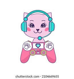 Gamer cat cute flat style vector illustration with kawaii cat, headphones and game controller. Gamer concept for print, textile, t-shirt, party, sticker, poster, kids party etc. Cartoon cat gamer