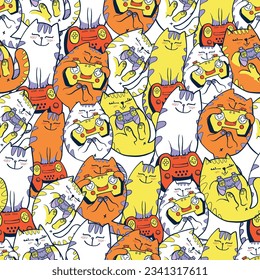 Gamer cats seamless pattern. Cartoon cat character with gamepad