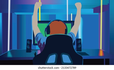 Gamer celebrate victory and excited by raising both hands look from behind. Esports set up device at room with coloring neon lights