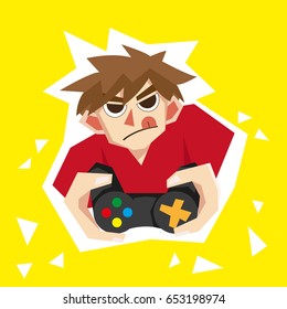 Gamer character playing game by Gamepad.vector illustration isolated man and yellow background.