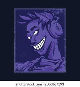 Gamer character with sinister expression and exaggerated smile, illustration for shirts