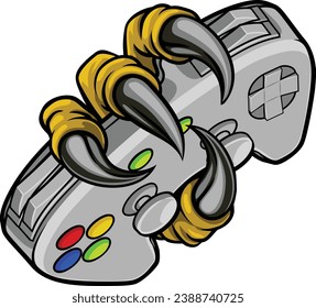 A gamer claw with talons holding a video game controller. Could be a monster like a dragon or dinosaur or perhaps bird like an eagle or hawk. Ripping or tearing through the background.