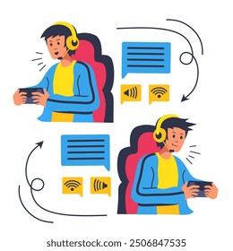 gamer communicate using headset with team mates vector illustration.concept of giving messages and information with headset.flat design style on white background