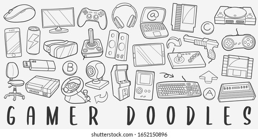 Gamer Computer Doodle Line Art Illustration. Hand Drawn Vector Clip Art. Banner Set Logos.