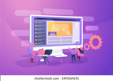 Jugador en streaming de computadora y en el proceso de comentar juegos, gente pequeña. Tutorial sobre videojuegos, contenido popular de vídeo, concepto de streaming de video de juegos. Ilustración creativa de concepto aislado por vectores.