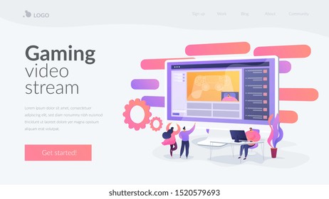 Gamer at computer streaming and commentating game process, tiny people.  popular video content, gaming video stream concept. Website homepage header landing web page template.