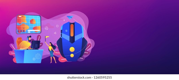 Gamer at computer using tactics to play online strategy game. Strategy online games, real-time strategy, multiplayer strategic warfare concept. Header or footer banner template with copy space.