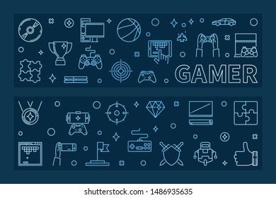 Gamer concept blue horizontal banners in outline style. Vector illustration on dark background