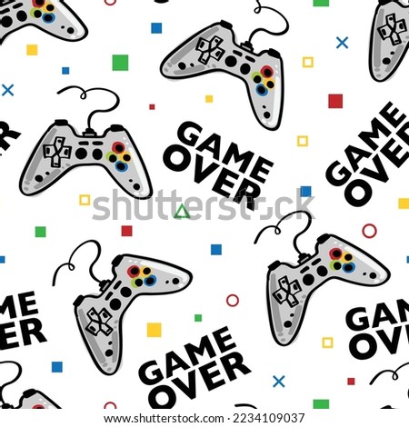 Gamer concept. Controller, joystick drawing and game over text. Seamless pattern repeating texture background vector illustration design.