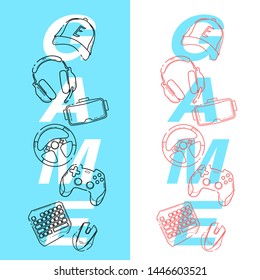 Gamer concept on blue and white background, linear Game Gadgets icons, esports elements in a vertical with title Game